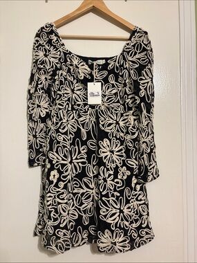 NWT Black Dress with Cream Floral Embroidery